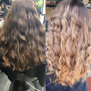 Before and after photo of hair highlighted at Hair Cuttery
