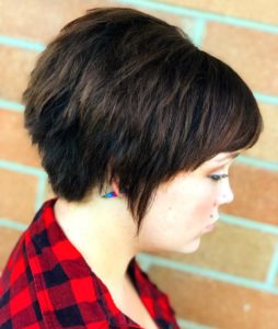 Fall hair trends- brunette pixie with bangs