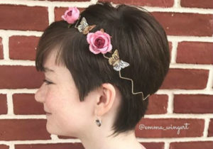 pixie cut with pink flower headband